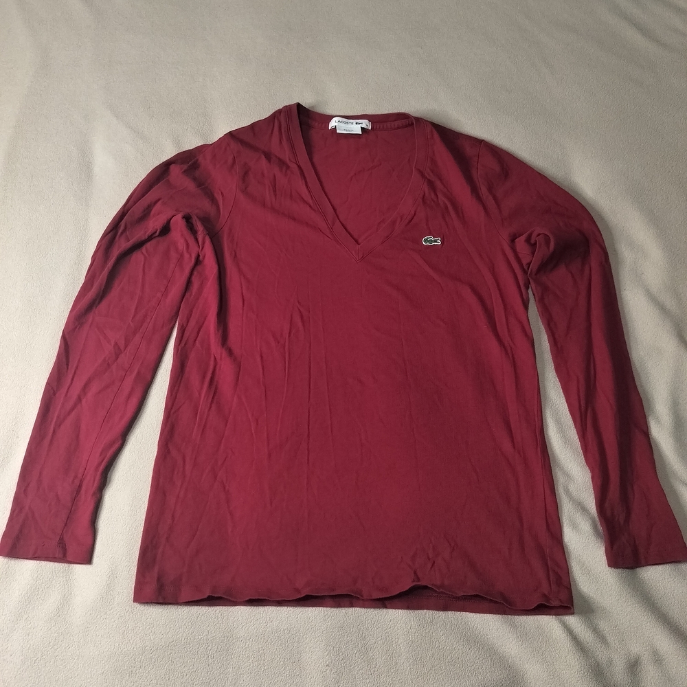 Lacoste Red Long Sleeve V-Neck Shirt - Picture 1 of 8